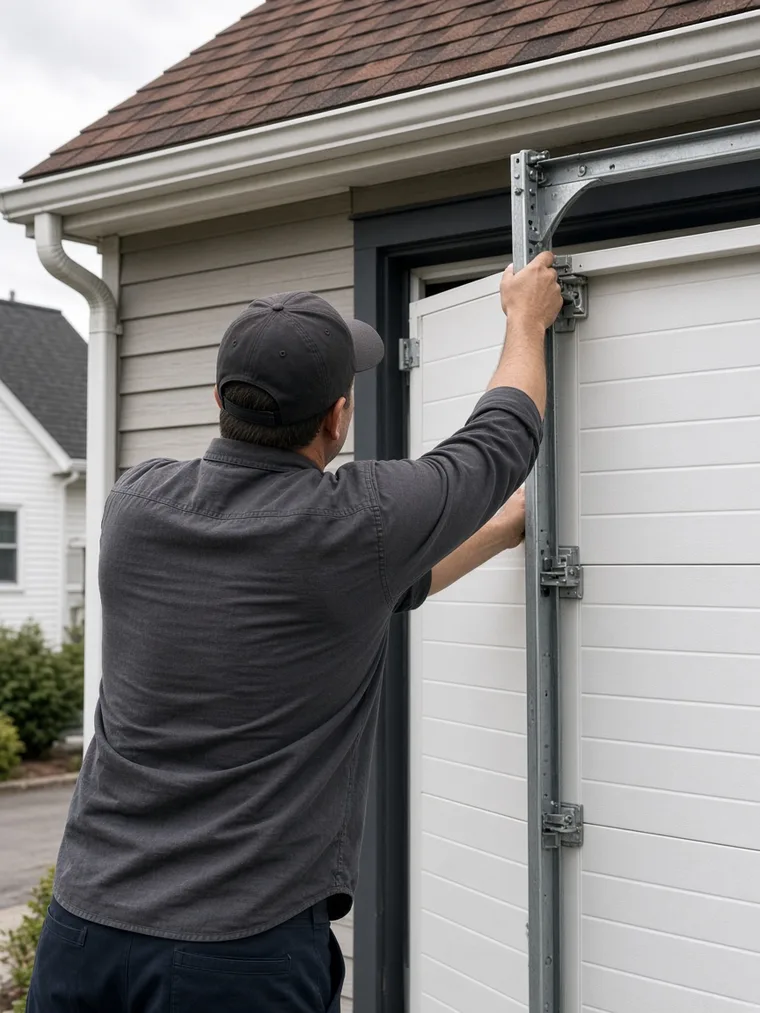 BSD Garage Door technician setting new door panels into the tracks at a Franklin home