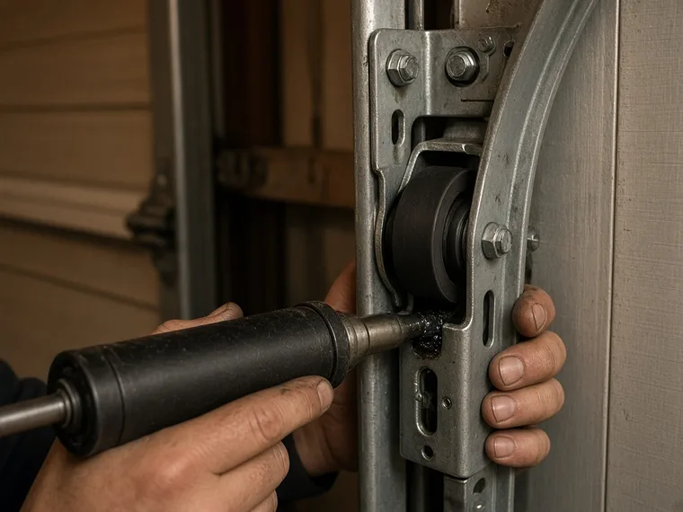 Technician lubricating garage door hinges during an annual maintenance visit
