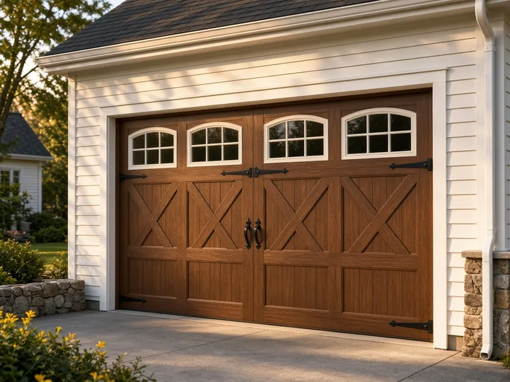 Newly installed brown carriage-style garage door with window inserts and decorative hardware