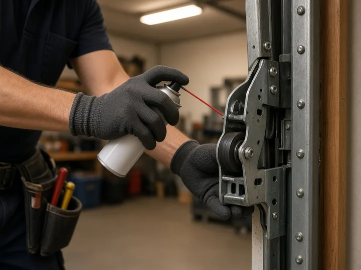 Technician lubricating a garage door hinge and roller during a maintenance visit