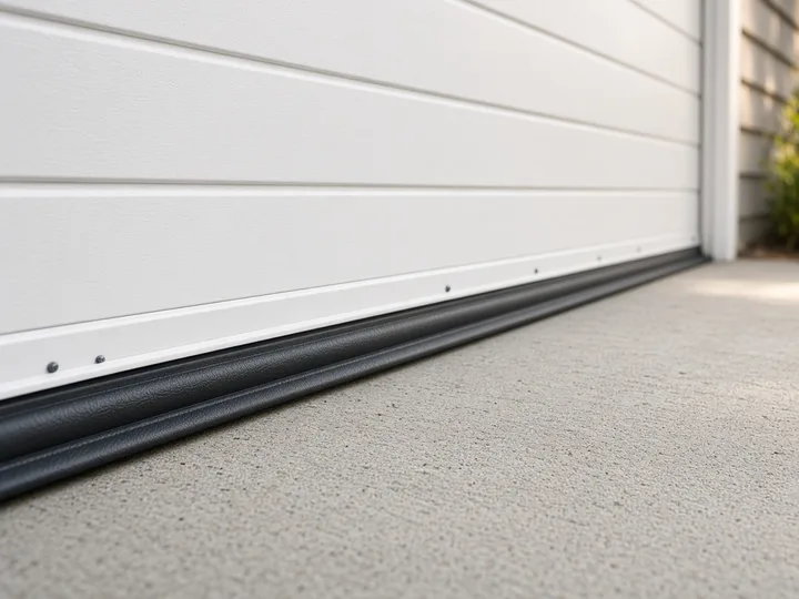 New black bottom weather seal fitted along the base of a white garage door